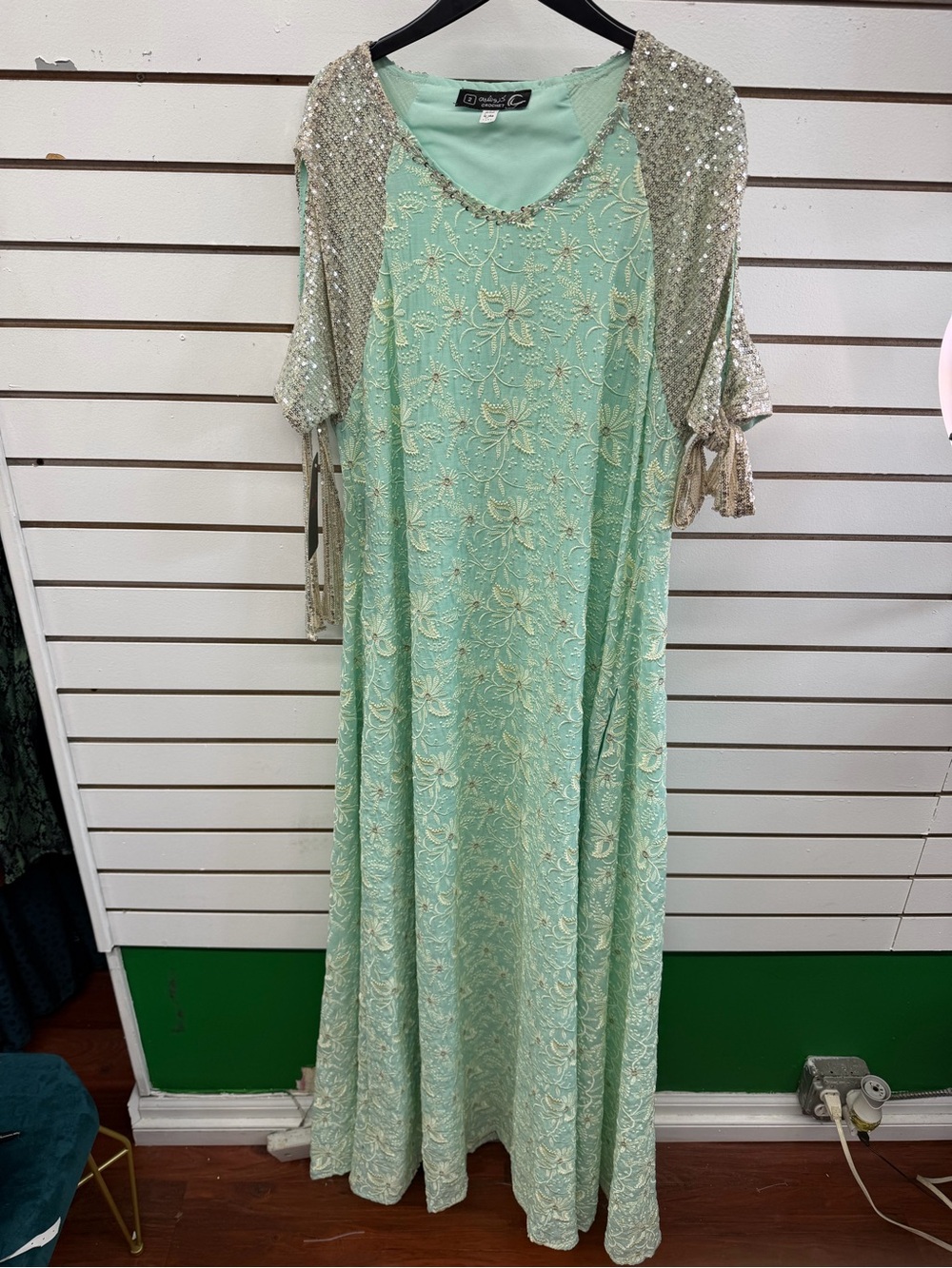 Crochet Mint Beaded Sequin Formal Gown Maxi Dress Egypt Size 2